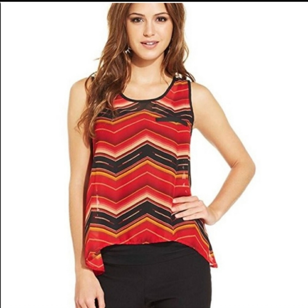 BCX Sheer Chevron Striped Sleeveless Hi Lo Top Med
